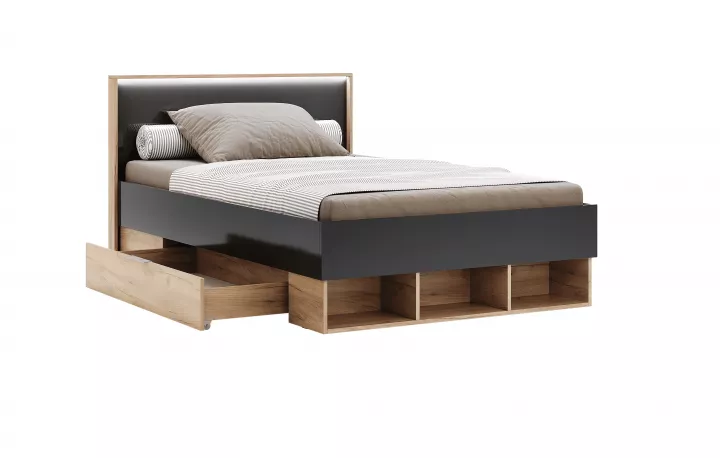 Nowoczesne łóżko z szufladami na pościel i oświetleniem LED